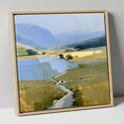 Luminous Patchwork Fields in a Dale lake district valley canvas wall art in natural frame