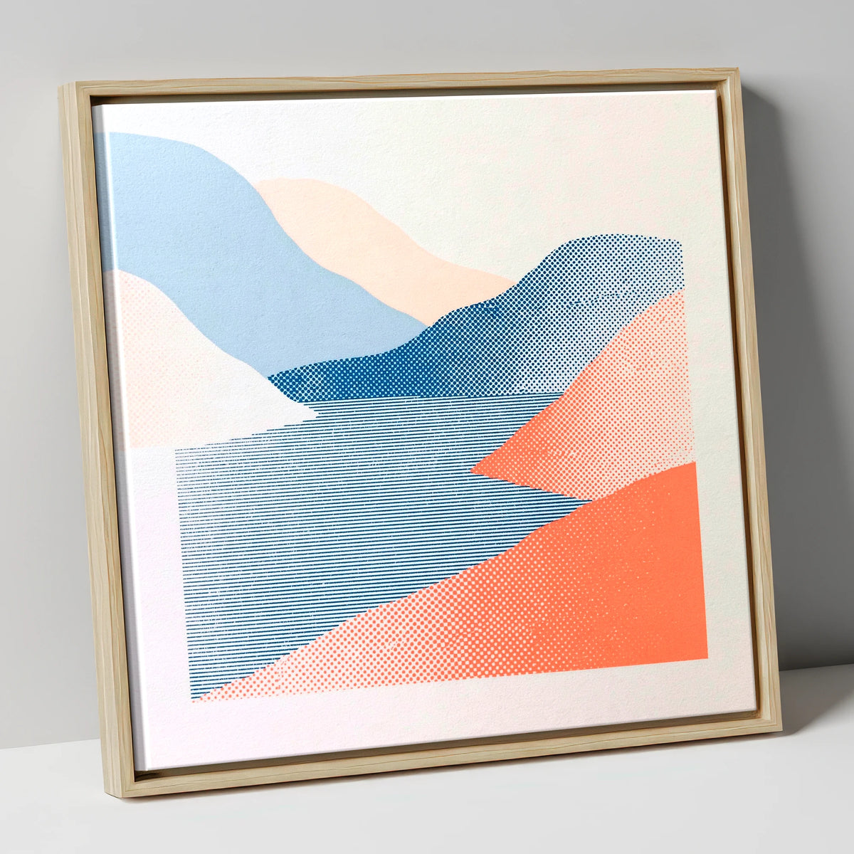 Graphic Coral and Blue Fells lake district lake canvas wall art in natural frame