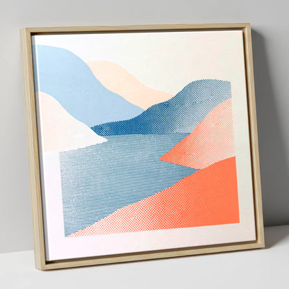 Graphic Coral and Blue Fells lake district lake canvas wall art in natural frame