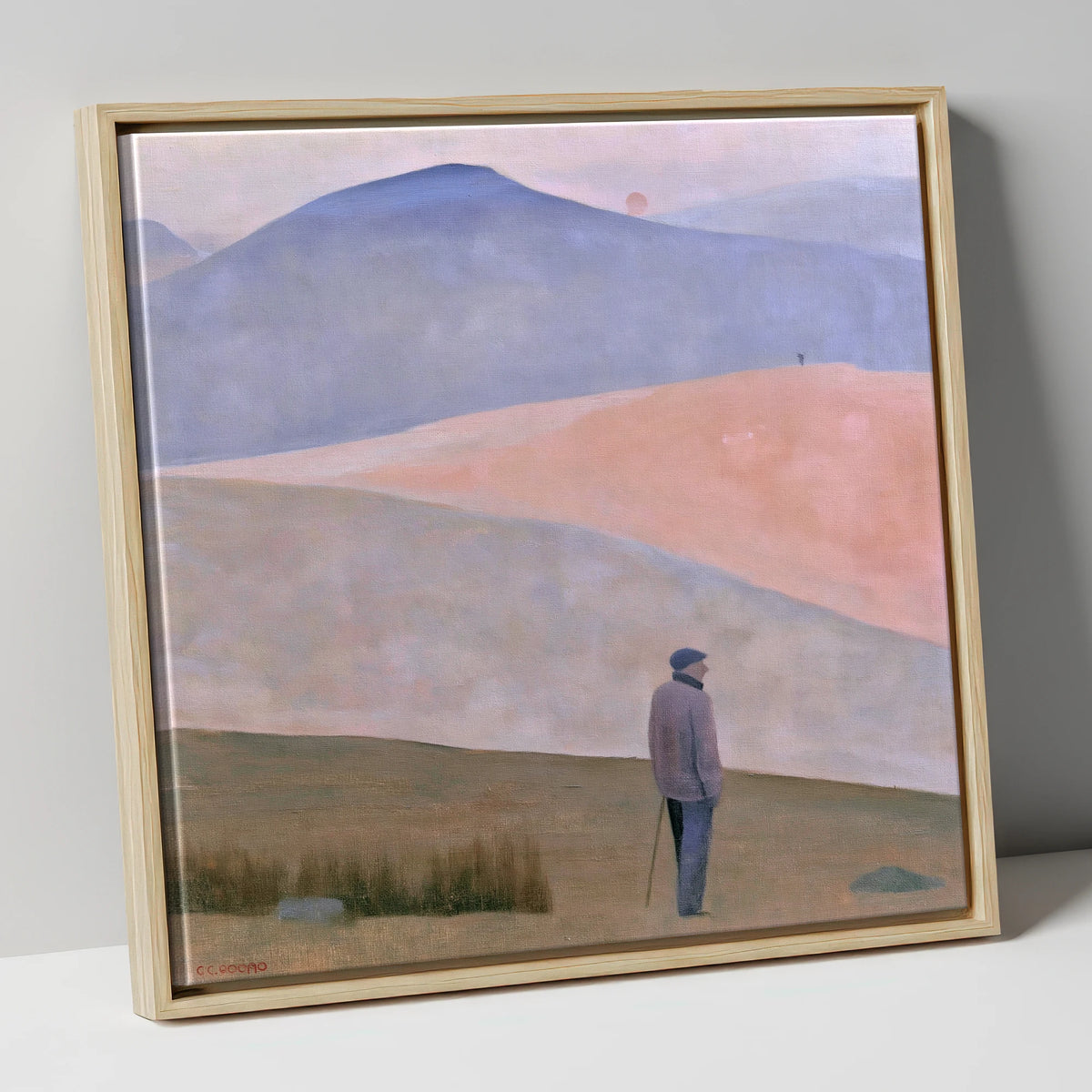 Lone Fell Walker at Dusk lake district walking canvas wall art in natural frame
