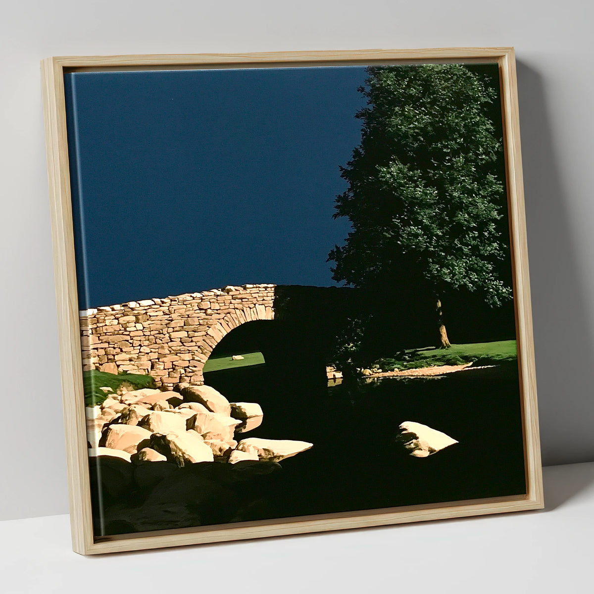 Stone Bridge Against Midnight Sky lake district waterfall canvas wall art in natural frame