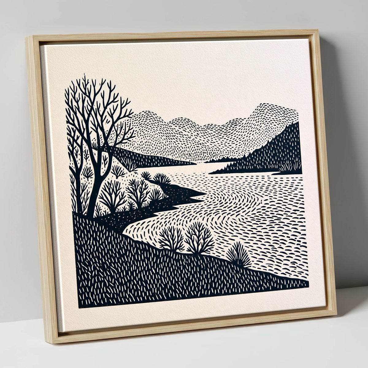 Stark Trees at Coniston Water lake district lake canvas wall art in natural frame