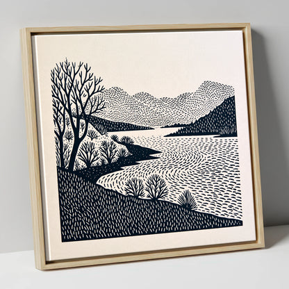 Stark Trees at Coniston Water lake district lake canvas wall art in natural frame