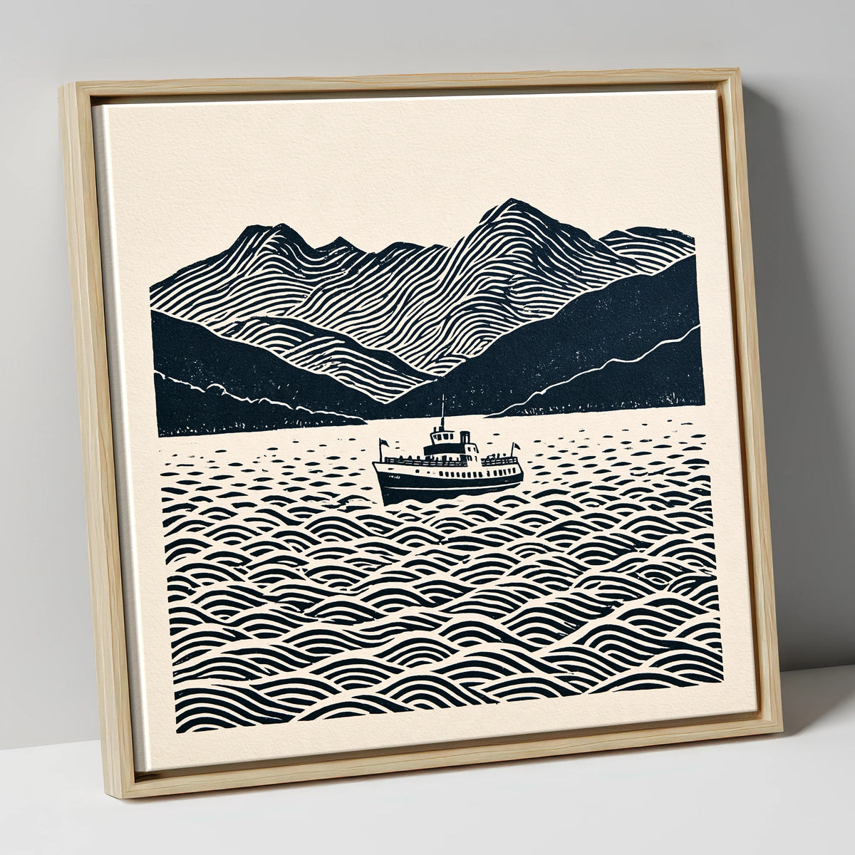 Windermere Cruiser Against Rhythmic Fells lake district lake canvas wall art in natural frame