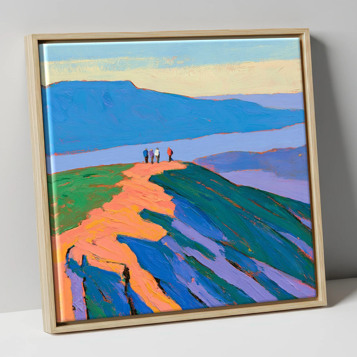 Vibrant Fell Top Hikers lake district fell canvas wall art in natural frame