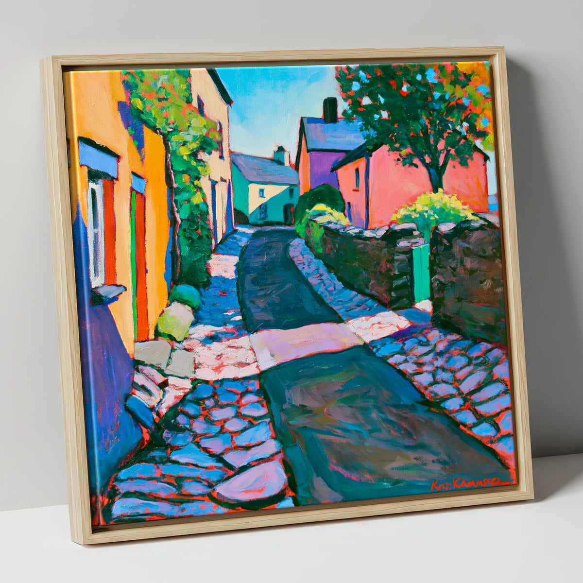 Vibrant Cobbled Village Street lake district village canvas wall art in natural frame