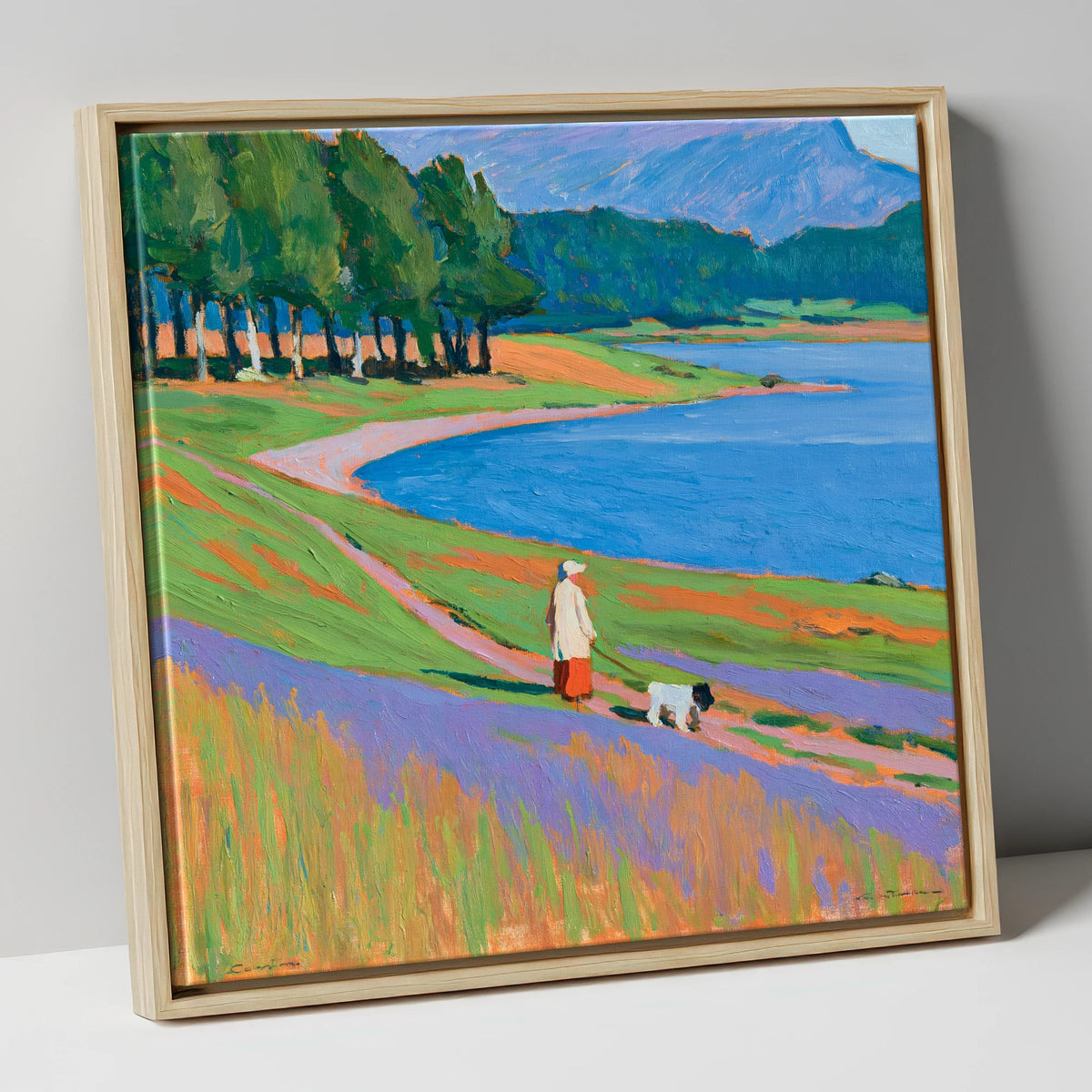 Vibrant Tarn Hows Dog Walk gifts for dog walkers canvas wall art in natural frame