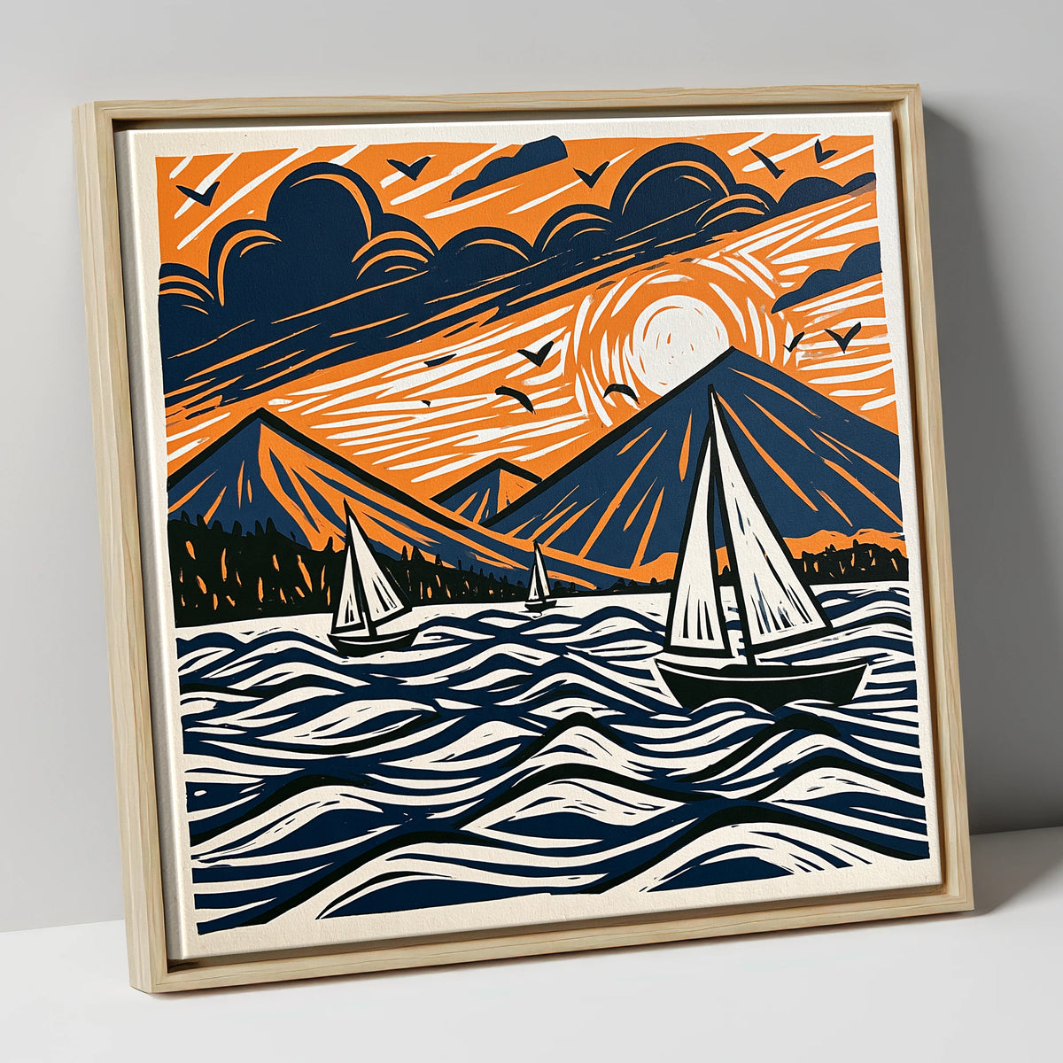Sunset Sailboats on Derwentwater lake district lake canvas wall art in natural frame