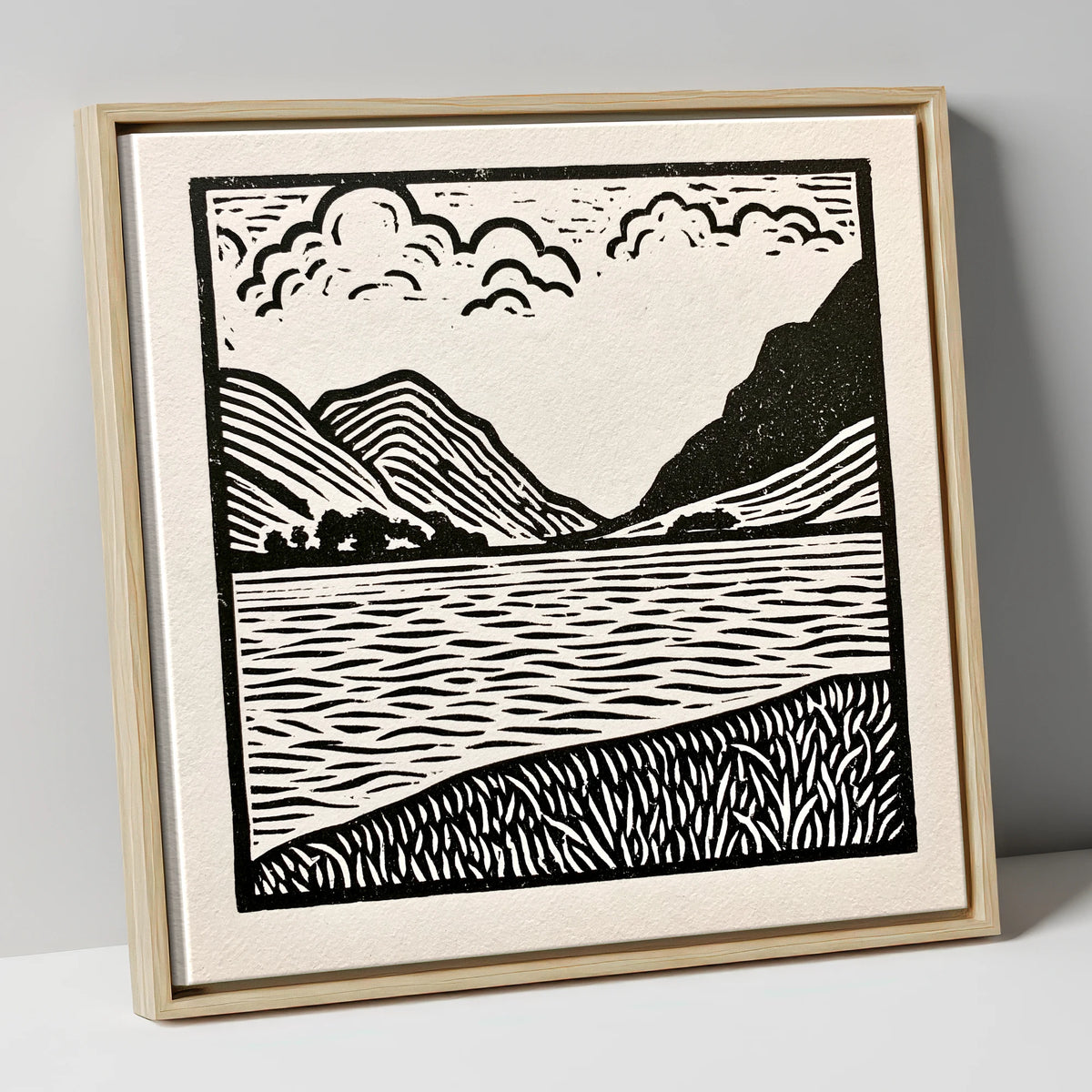 Ullswater in Monochrome lake district lake canvas wall art in natural frame