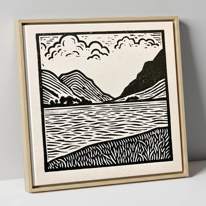Ullswater in Monochrome lake district lake canvas wall art in natural frame