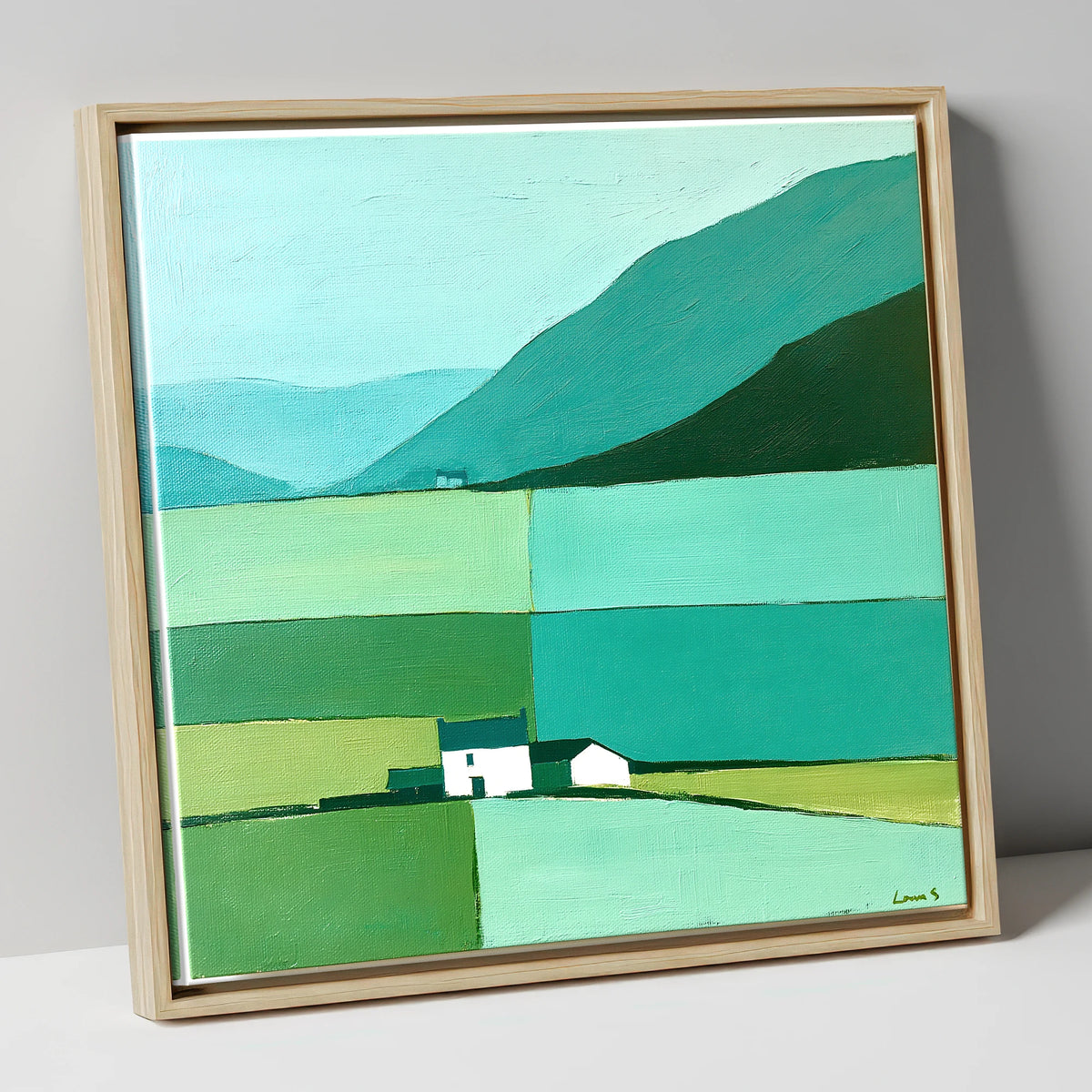 Grasmere Valley in Teal and Mint lake district lake canvas wall art in natural frame