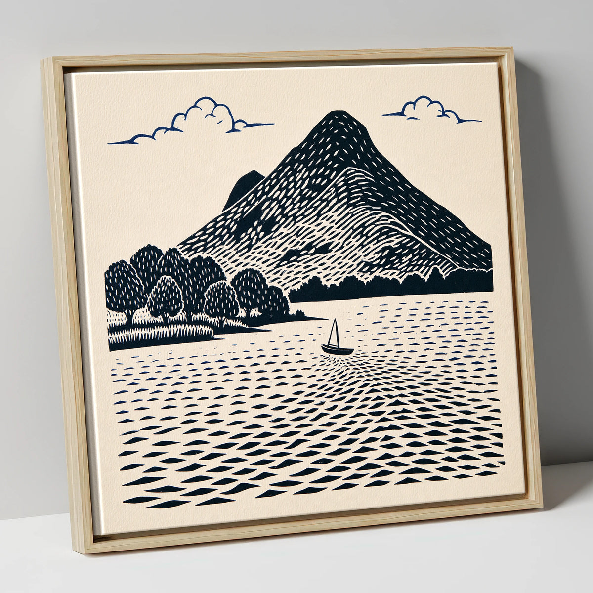 Graphic Catbells and Sailing Boat lake district fell canvas wall art in natural frame