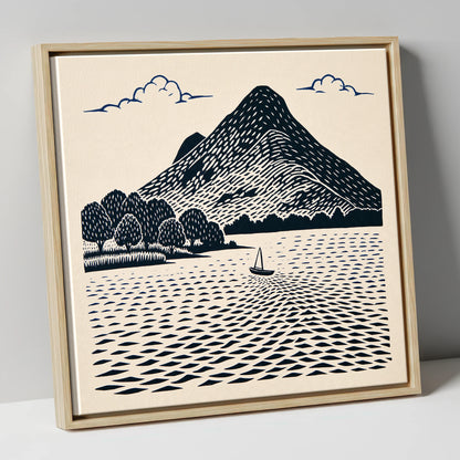 Graphic Catbells and Sailing Boat lake district fell canvas wall art in natural frame