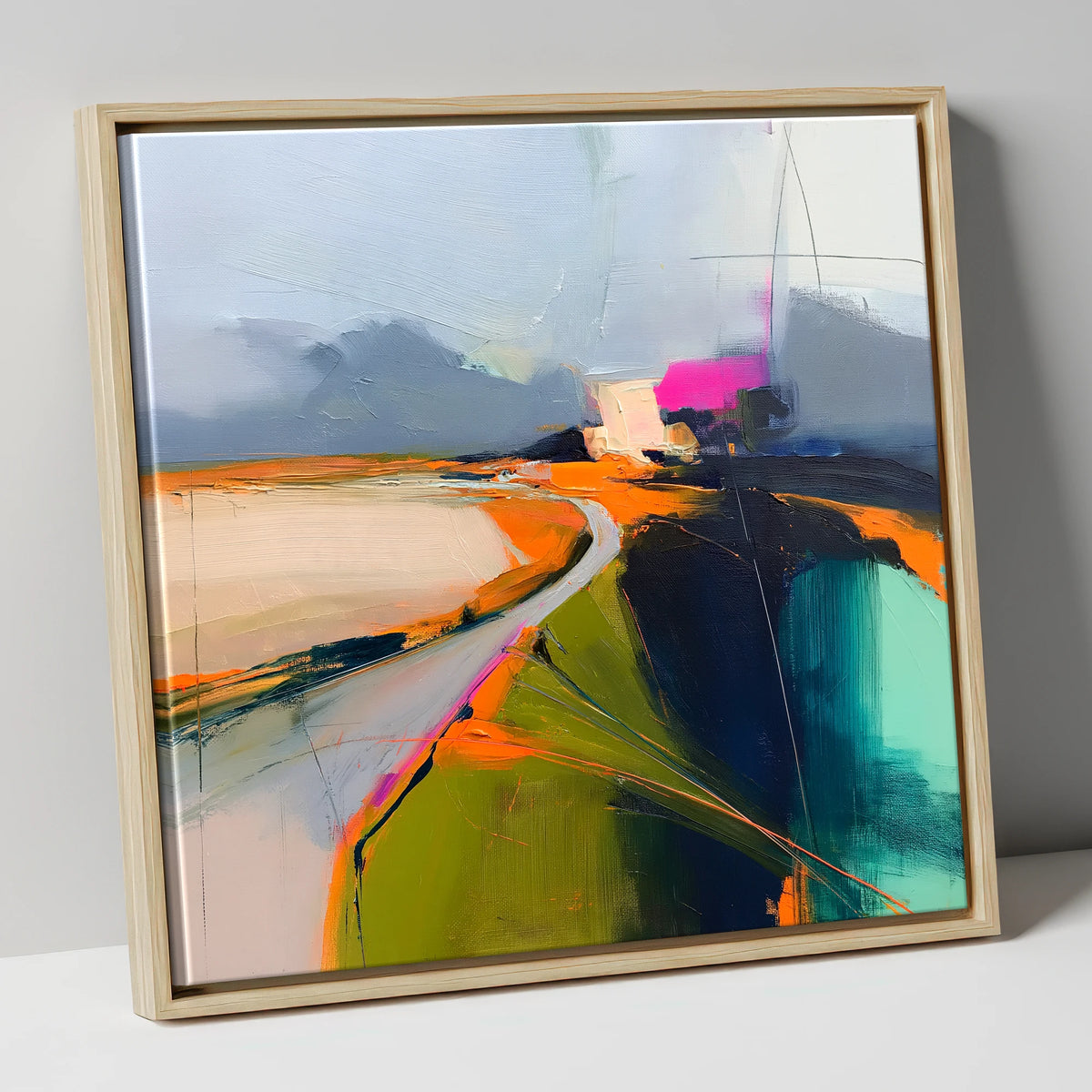 Mountain Pass Vivid Abstract lake district valley canvas wall art in natural frame