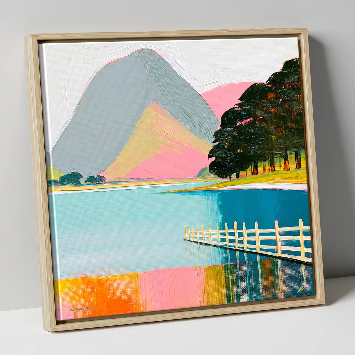 Vibrant Buttermere and White Fence lake district lake canvas wall art in natural frame