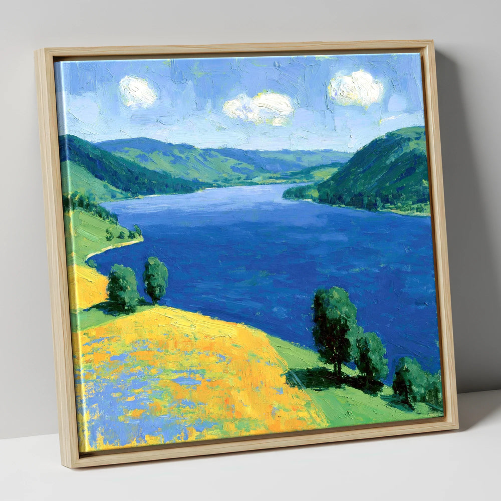 Deep Blue Lake and Sunlit Fells lake district lake canvas wall art in natural frame