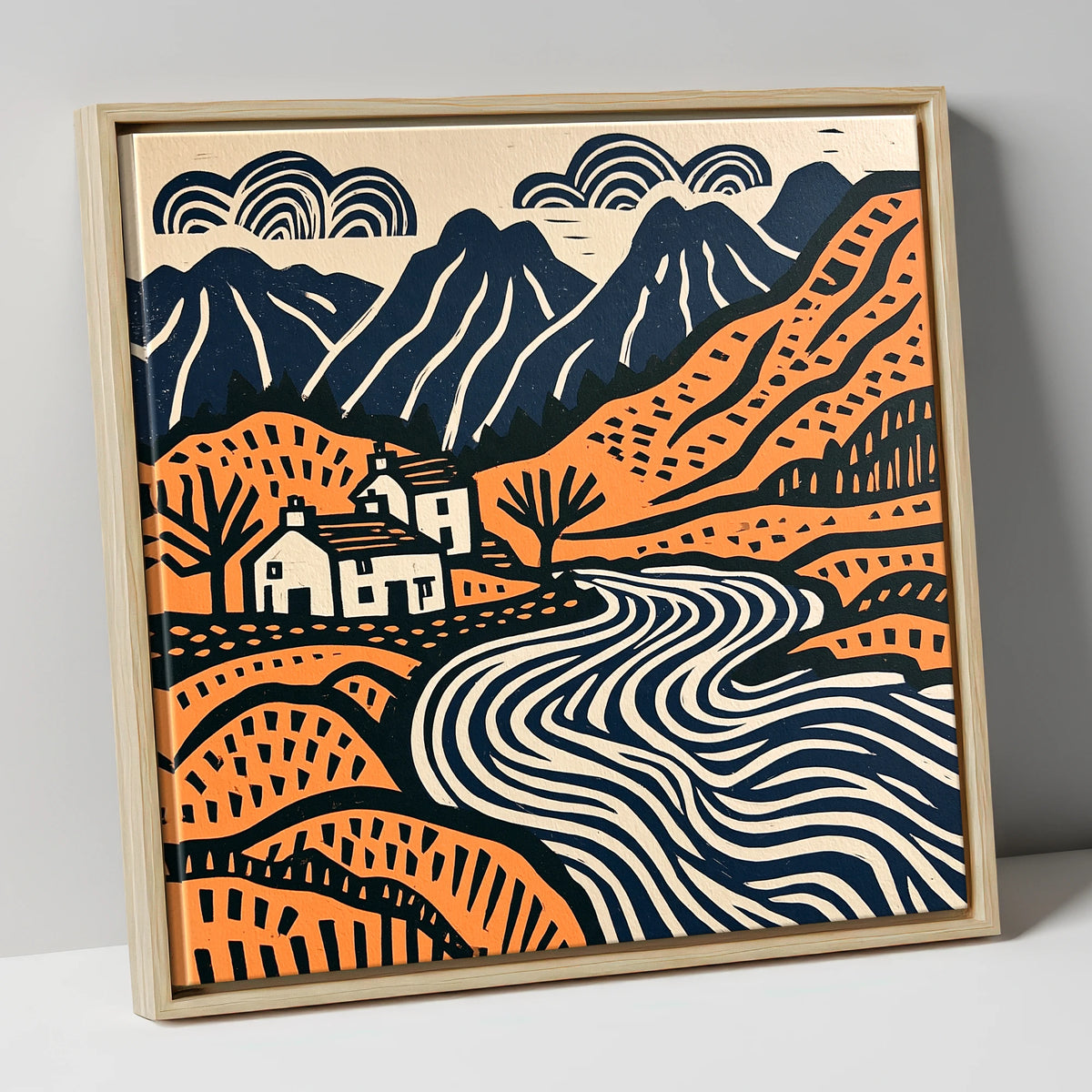 Grasmere Valley in Terracotta and Navy lake district lake canvas wall art in natural frame