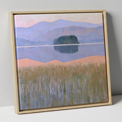 Grasmere Island and Pastel Fells lake district lake canvas wall art in natural frame