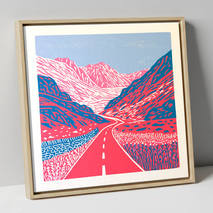 Vibrant Honister Pass Road lake district valley canvas wall art in natural frame