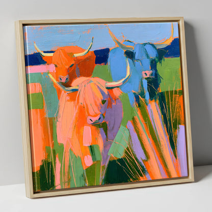 Vibrant Highland Cattle Trio lake district wildlife canvas wall art in natural frame