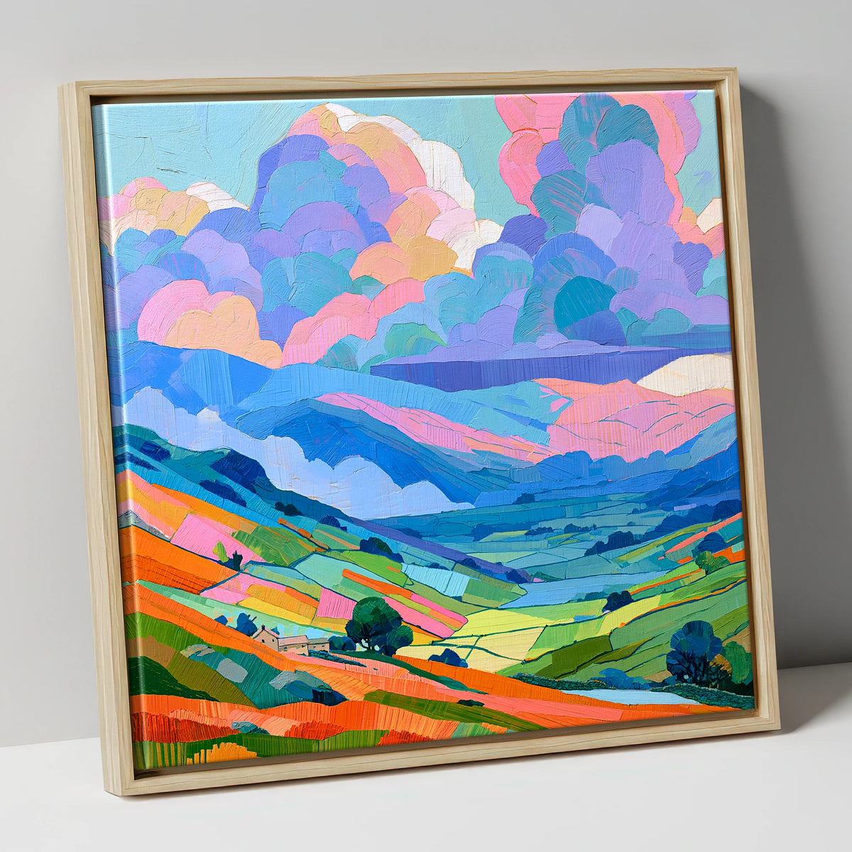 Colourful Fells Under Storm Clouds lake district sky canvas wall art in natural frame