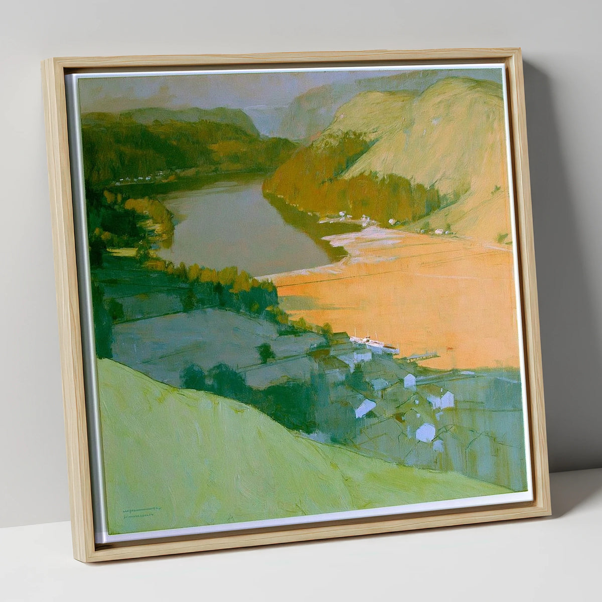 Glenridding and Ullswater Apricot Light lake district village canvas wall art in natural frame