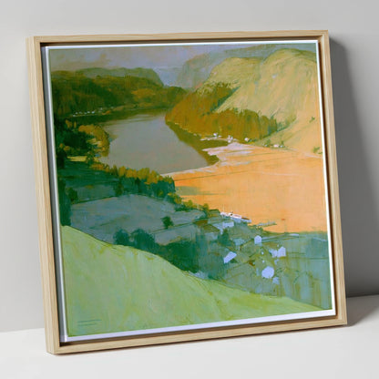 Glenridding and Ullswater Apricot Light lake district village canvas wall art in natural frame