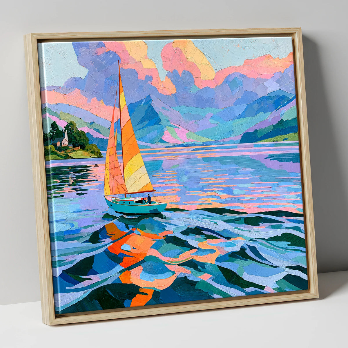 Vibrant Sailboat on Breezy Lake lake district walking canvas wall art in natural frame