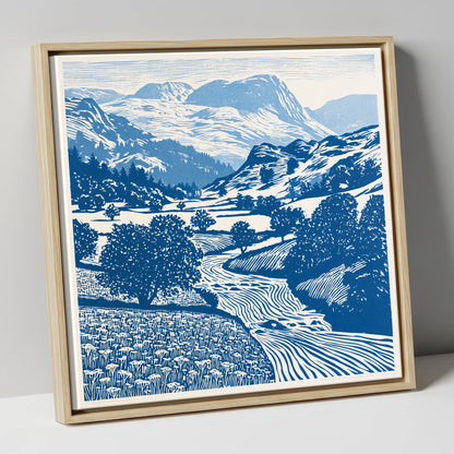 Cobalt Blue Eskdale Valley lake district valley canvas wall art in natural frame