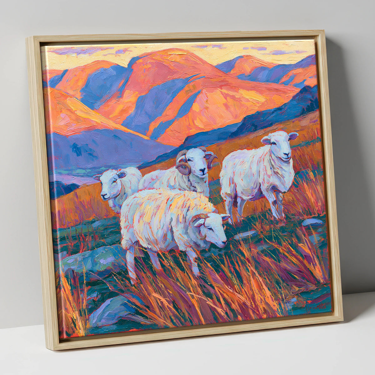 Herdwick Sheep in Sunset Fells lake district wildlife canvas wall art in natural frame