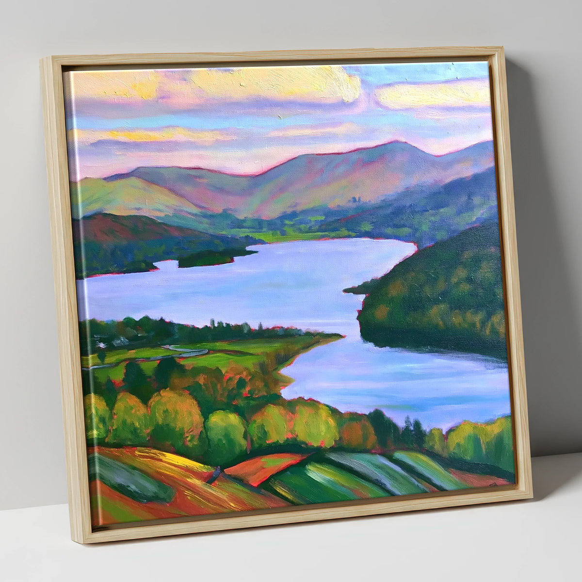 Vibrant Sunset Above Ambleside lake district village canvas wall art in natural frame