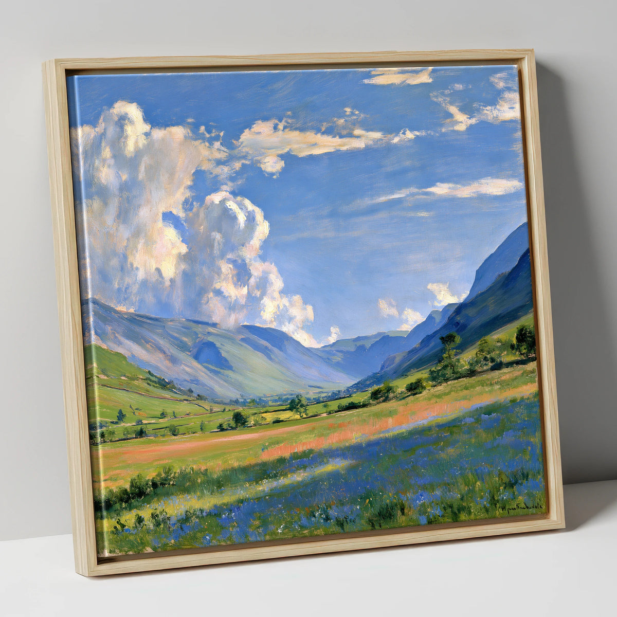 Sunlit Valley Under Billowing Clouds lake district valley canvas wall art in natural frame