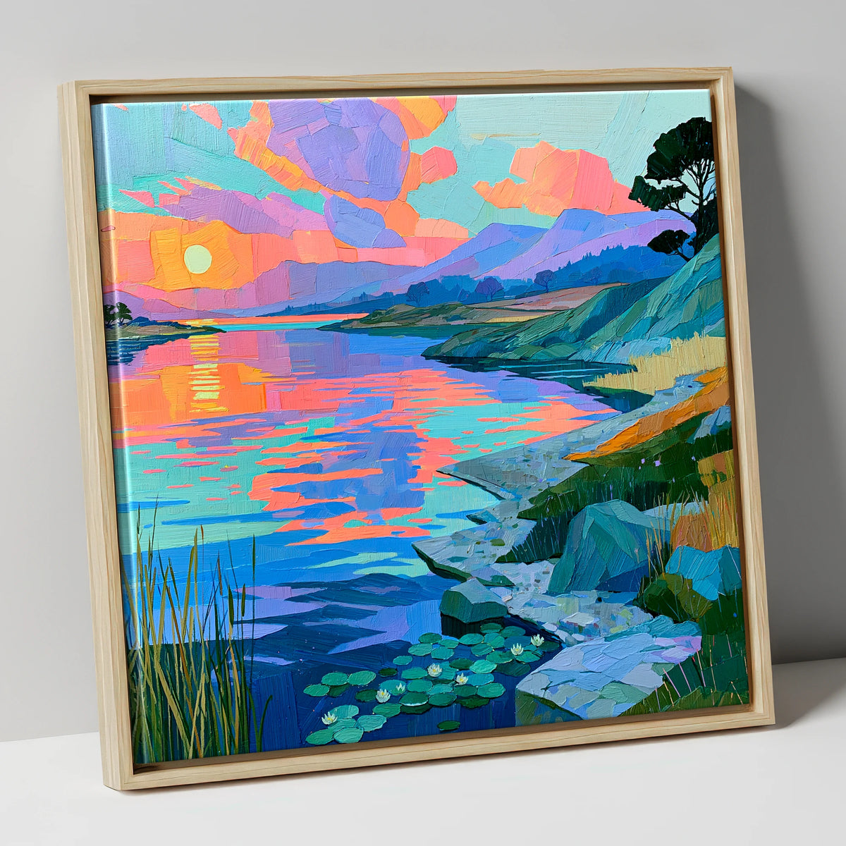 Vibrant Sunset Over the Water lake district lake canvas wall art in natural frame