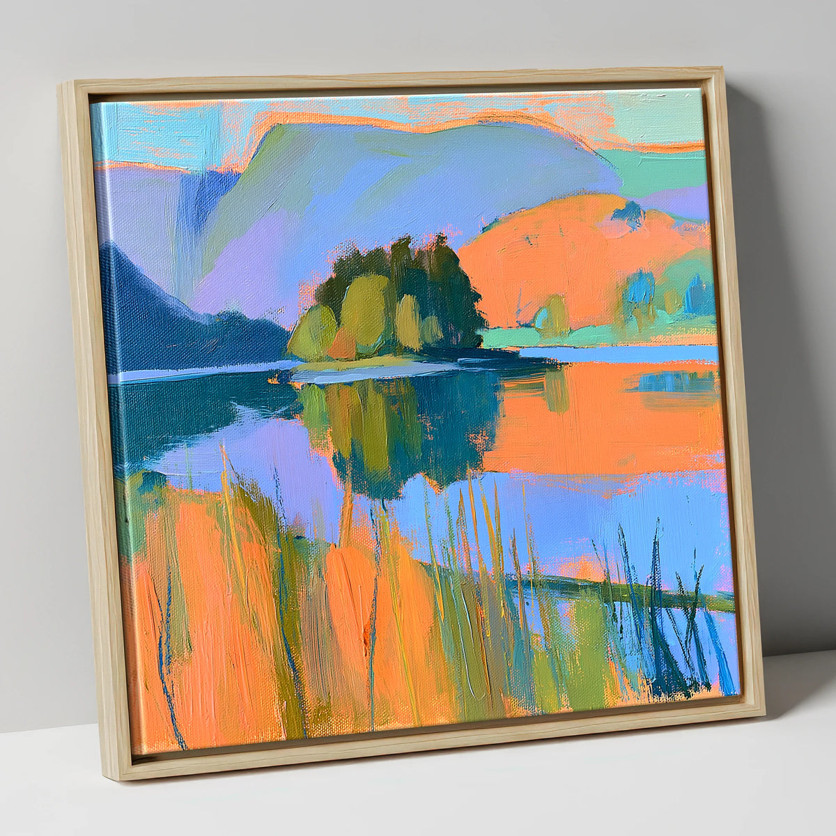 Vibrant Grasmere and Wooded Island lake district lake canvas wall art in natural frame