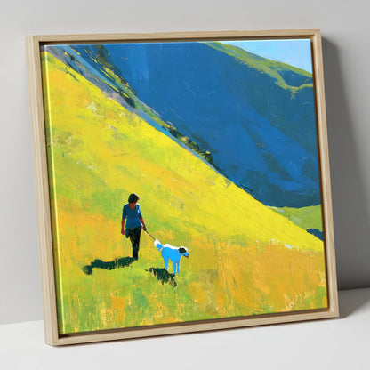 Sunlit Dog Walk on Helvellyn gifts for dog walkers canvas wall art in natural frame