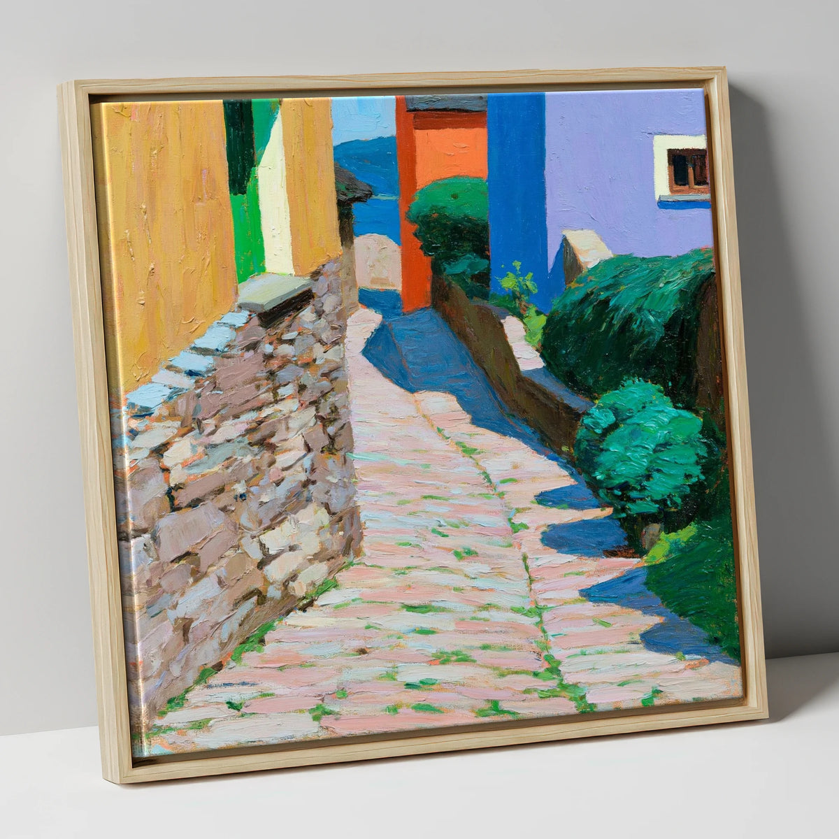 Colourful Cobbled Village Street lake district village canvas wall art in natural frame
