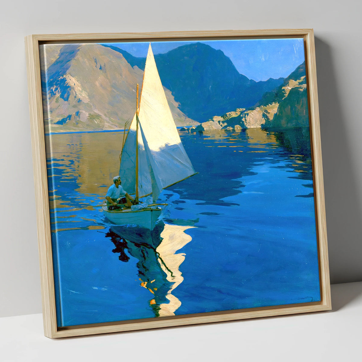 Sunlit Sailboat on a Breezy Lake lake district walking canvas wall art in natural frame