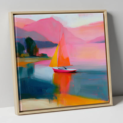 Vibrant Sailboat Beneath Pink Fells lake district walking canvas wall art in natural frame
