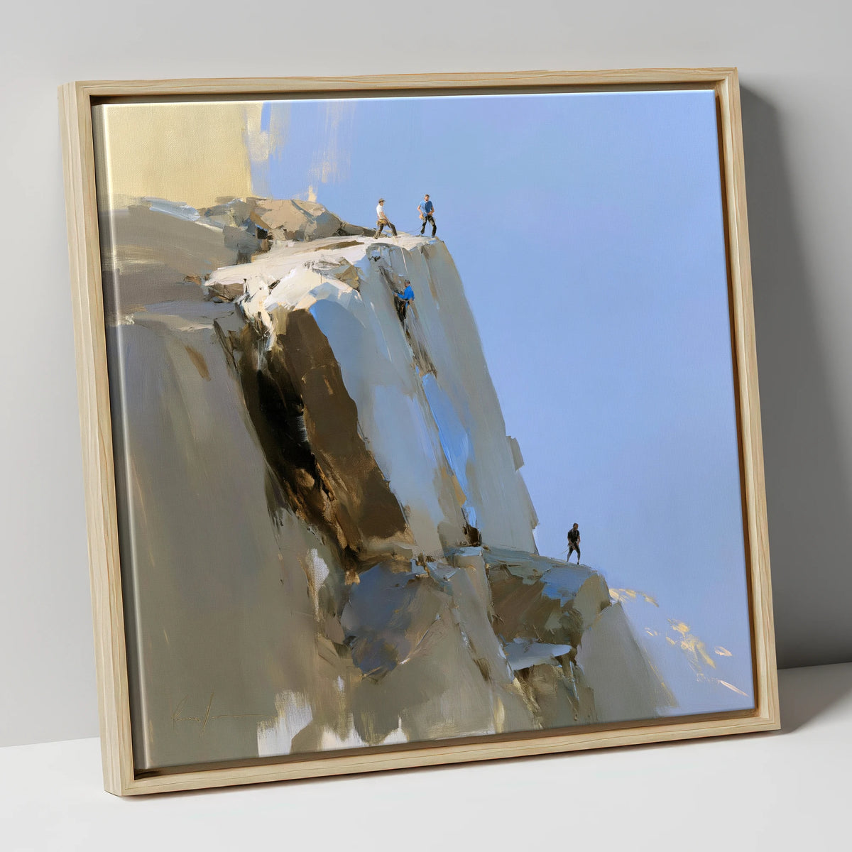 Climbers on a Sunlit Crag lake district walking canvas wall art in natural frame