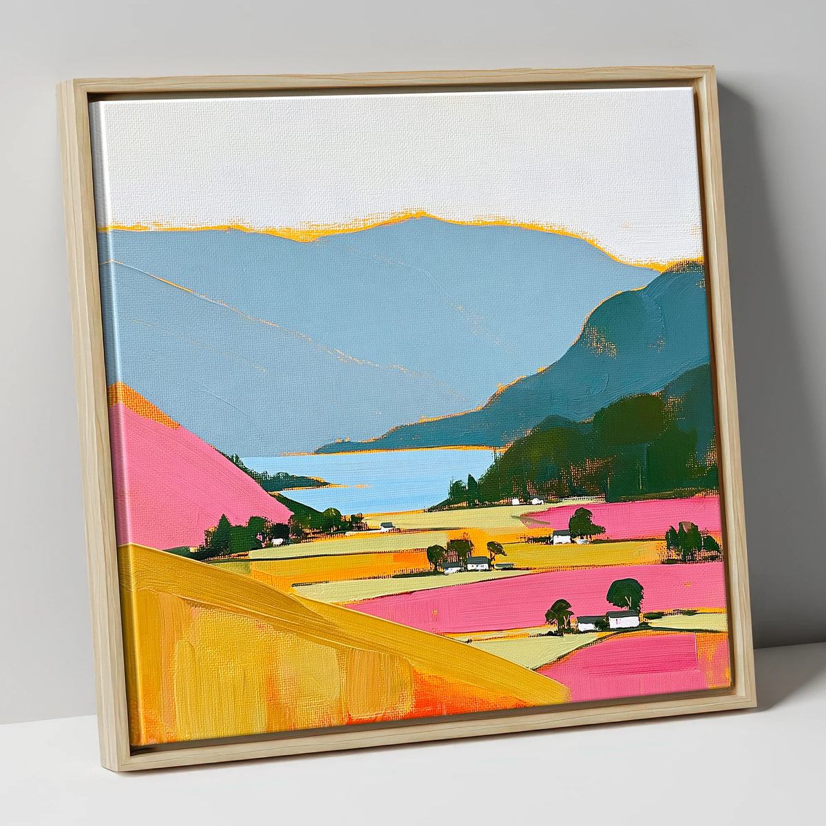 Patterdale Valley in Bold Colour lake district village canvas wall art in natural frame