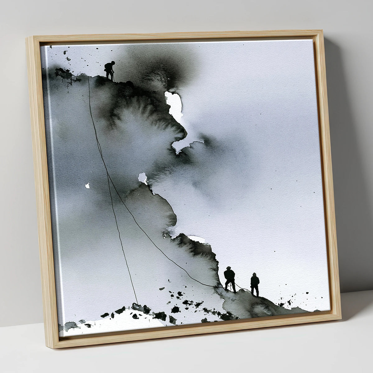Monochrome Climbers on a Crag lake district walking canvas wall art in natural frame