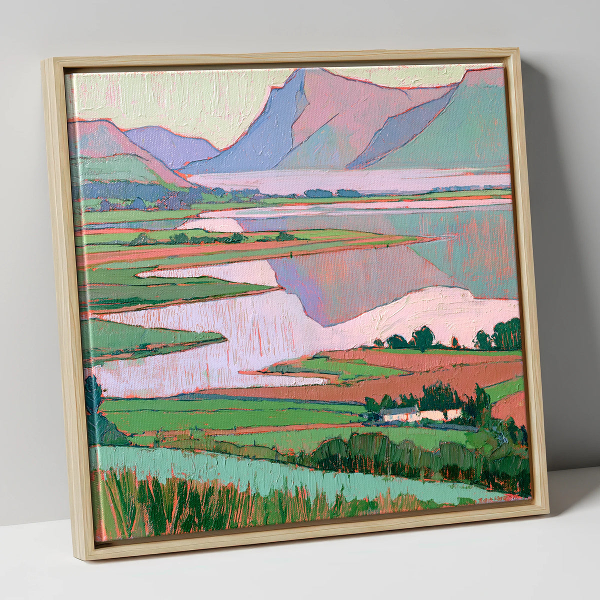Morning Mist Over Pastel Valley lake district sky canvas wall art in natural frame