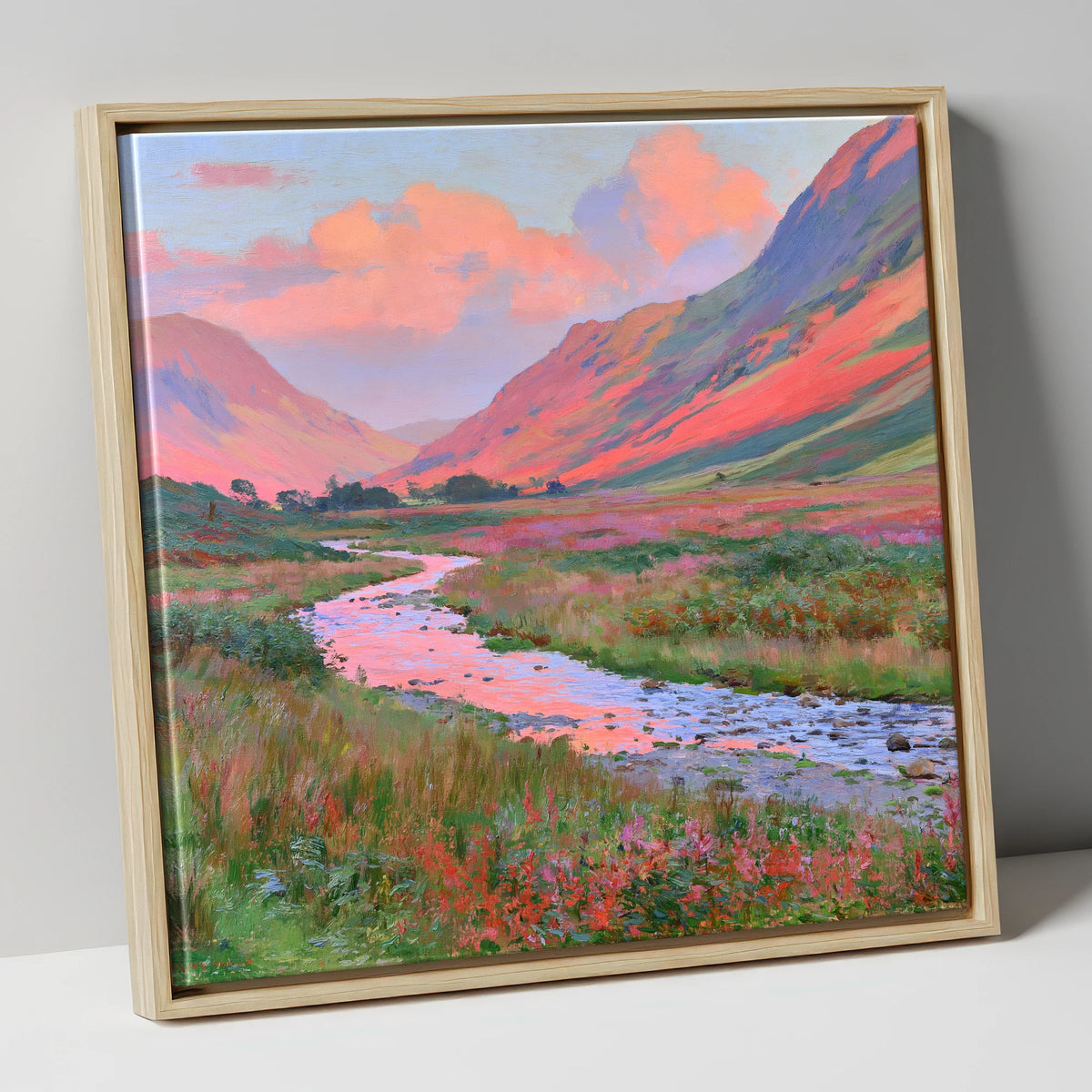 Winding Valley River at Sunset lake district waterfall canvas wall art in natural frame