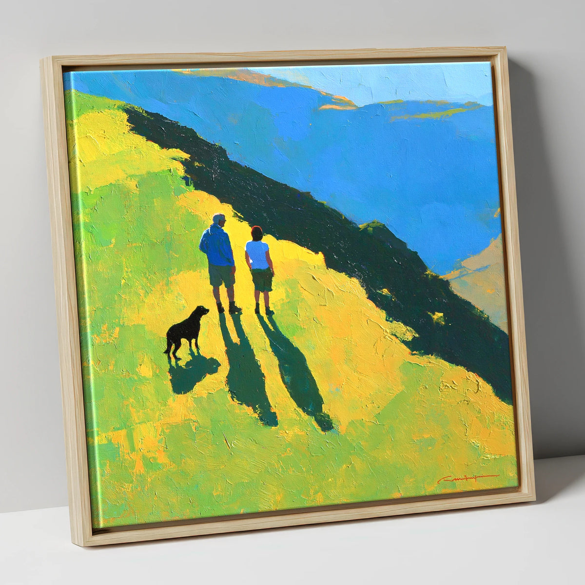 Sunlit Dog Walkers on Blencathra gifts for dog walkers canvas wall art in natural frame