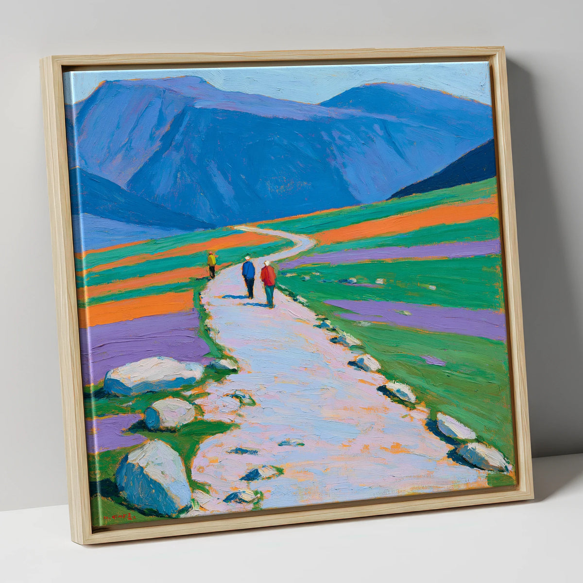 Hikers on a Vibrant Fell Path lake district fell canvas wall art in natural frame