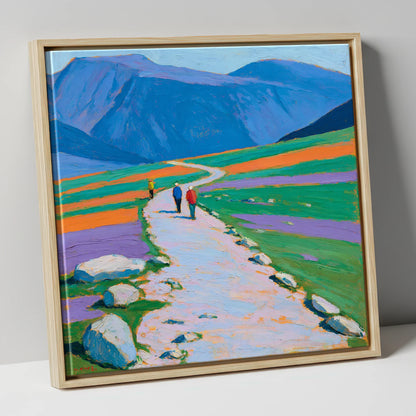 Hikers on a Vibrant Fell Path lake district fell canvas wall art in natural frame