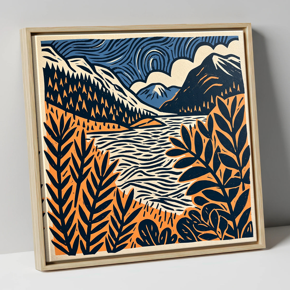 Navy and Terracotta Lake Dawn lake district lake canvas wall art in natural frame