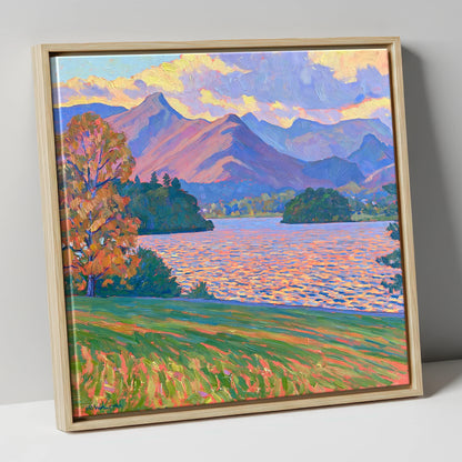 Radiant Derwentwater from Crow Park lake district village canvas wall art in natural frame