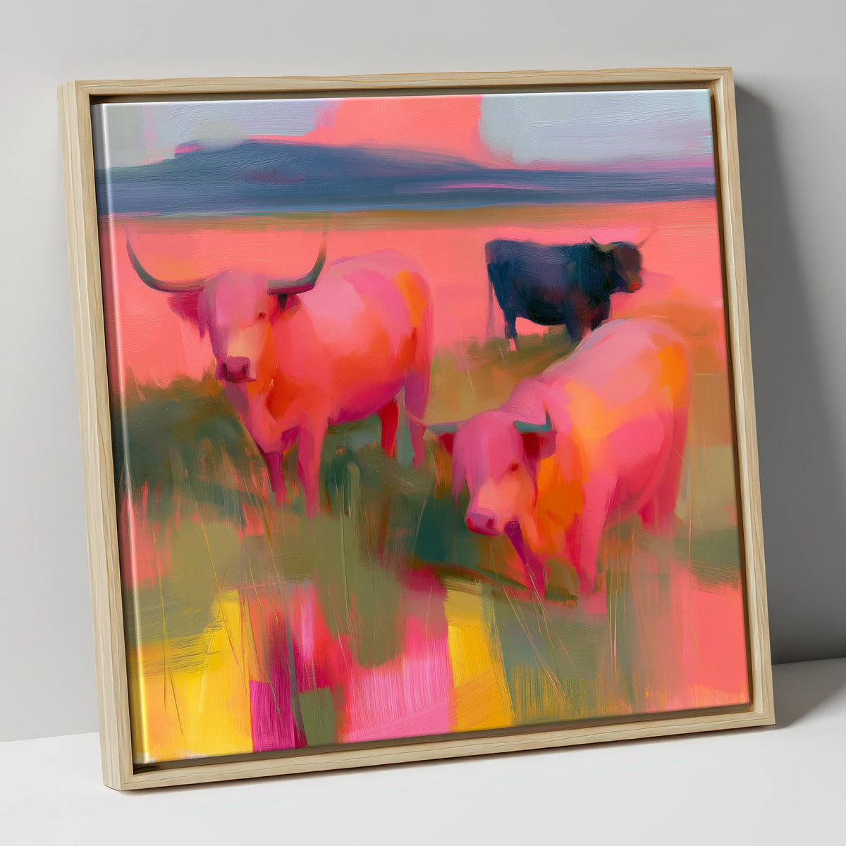 Pink Highland Cattle Grazing lake district wildlife canvas wall art in natural frame