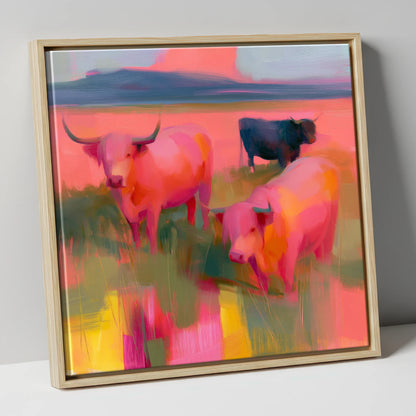 Pink Highland Cattle Grazing lake district wildlife canvas wall art in natural frame